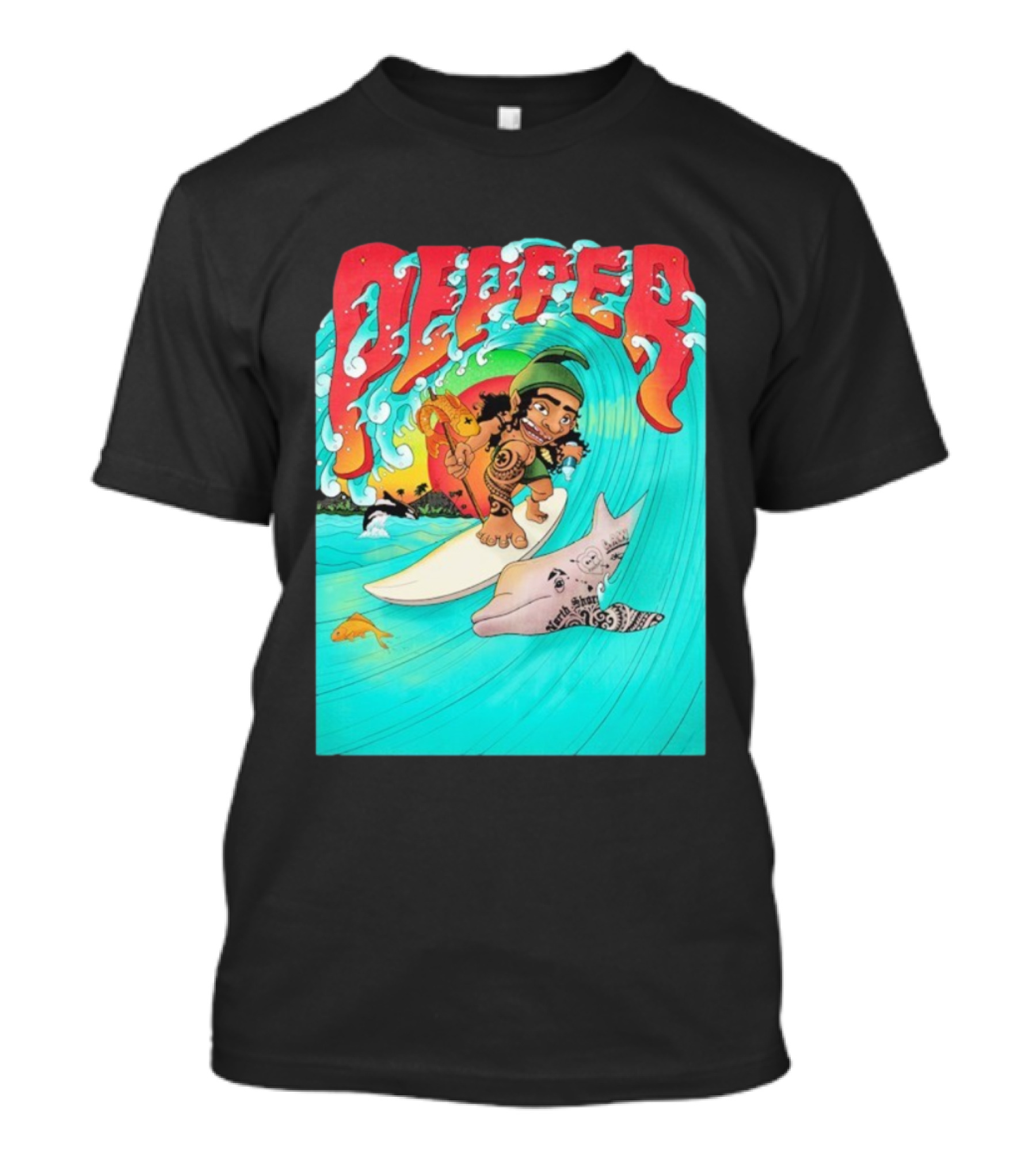 Pepper Surfer Riding Waves With Tattooed Dolphin T-Shirt