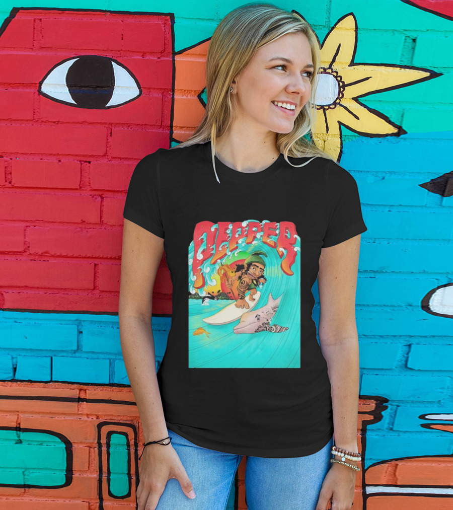 Pepper Surfer Riding Waves With Tattooed Dolphin T-Shirt