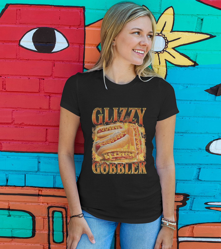 Glizzy Gobbler Faded Hot Dog Funny Meme Fire Burst T-Shirt