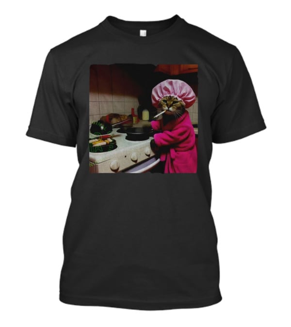 Housewife Cat Smoking Cooking Meme In Pink Bathrobe And Shower Cap T-Shirt