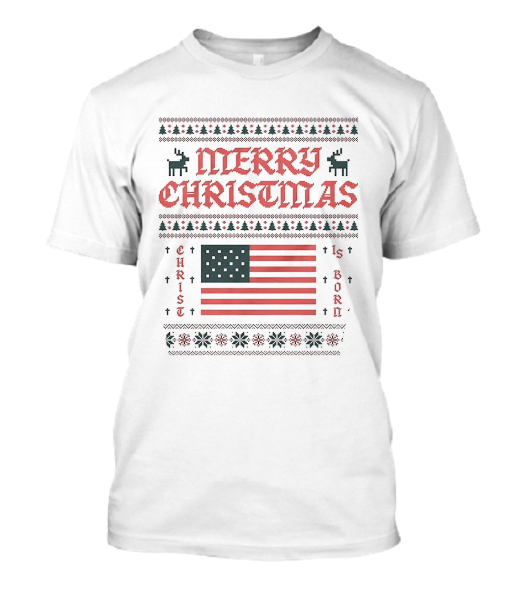 Merry Christmas 2025 American Flag Ugly Christmas Pixel Reindeer Stars Stripes T-Shirt