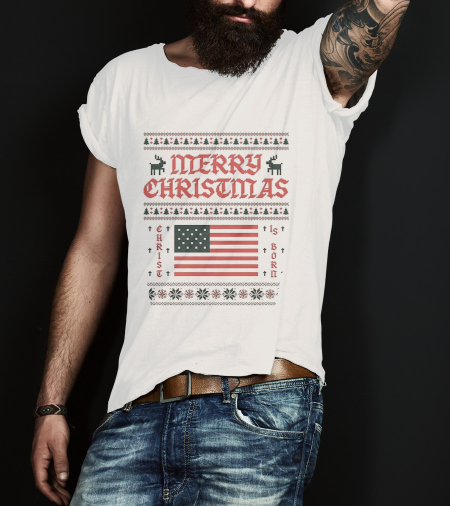 Merry Christmas 2025 American Flag Ugly Christmas Pixel Reindeer Stars Stripes T-Shirt