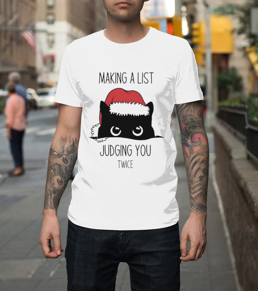 Black Cat Christmas Making A List Judging You Twice Santa Hat T-Shirt