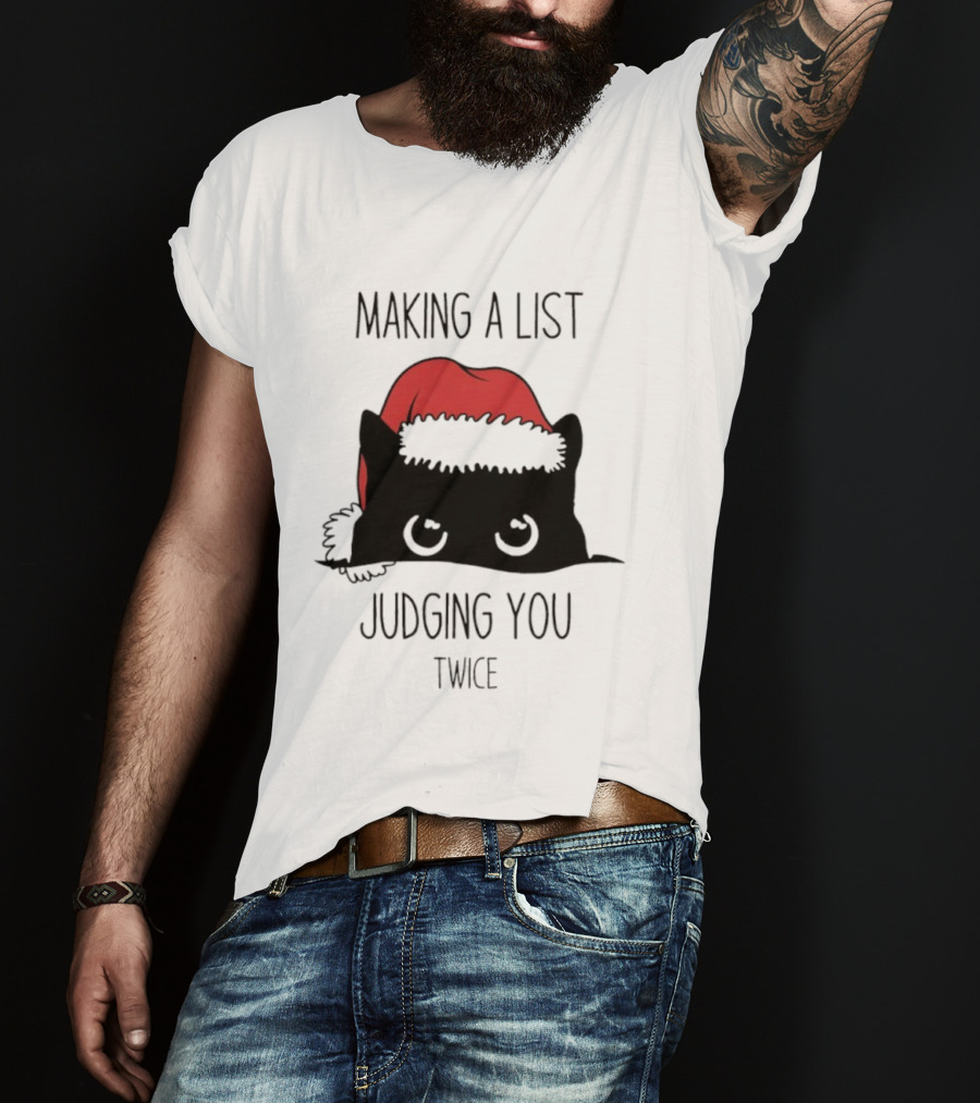Black Cat Christmas Making A List Judging You Twice Santa Hat T-Shirt