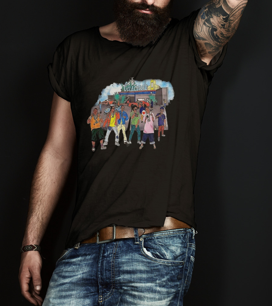 Cascade Hip Hop Enthusiasts Cartoon Characters In Urban Scene T-Shirt