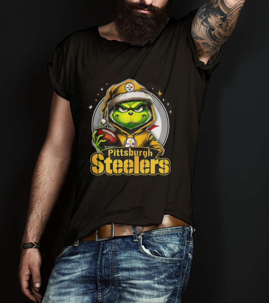 Grinch Wearing Santa Hat Holding Football Pittsburgh Steelers Christmas NFL T-Shirt