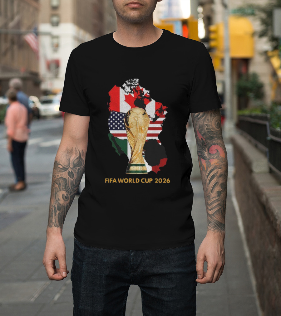 FIFA World Cup 2026 USA Canada Mexico Flags Map Trophy T-Shirt