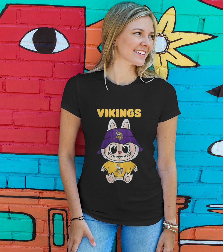Minnesota Vikings Labubu Character With Purple Cap And Team Logo T-Shirt