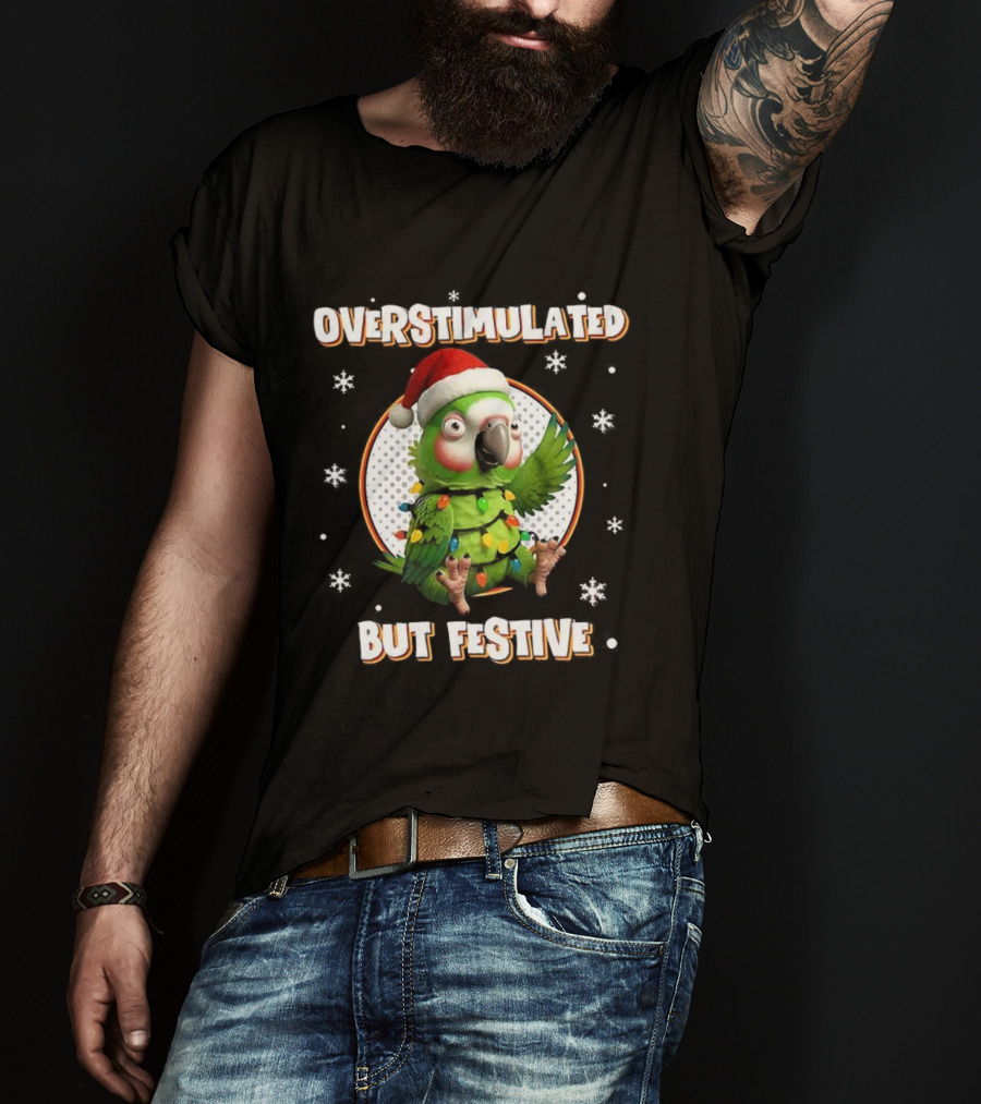 Overstimulated Parrot With Christmas Lights And Santa Hat T-Shirt