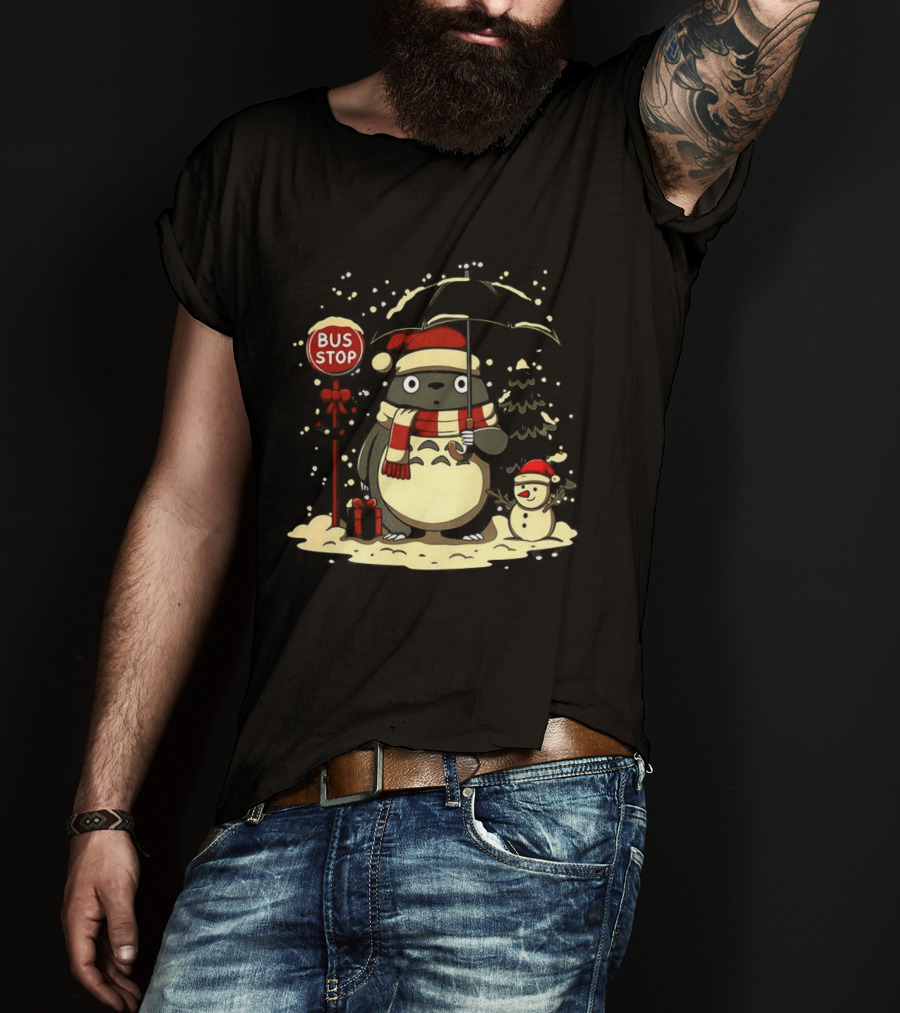 Totoro Snowman Winter Bus Stop Santa Hat T-Shirt