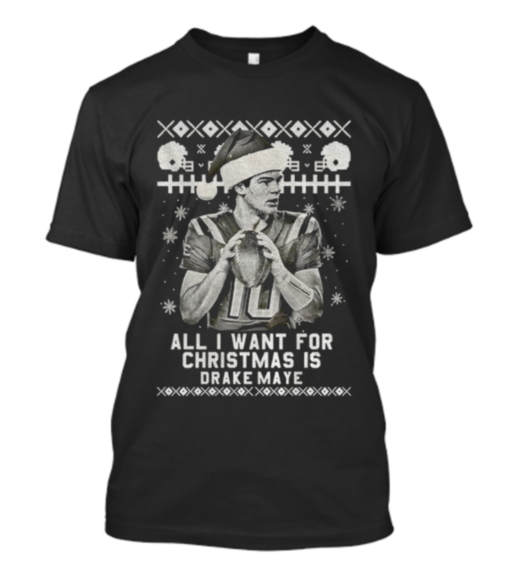 Drake Maye All I Want For Christmas Vintage Football Santa Hat Ugly Sweater Style T-Shirt