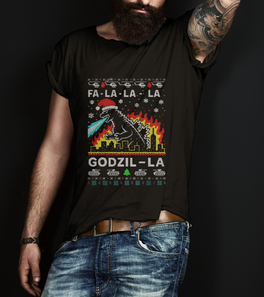 Fa La La La Godzil-La Christmas Santa Hat City Helicopters Tanks T-Shirt