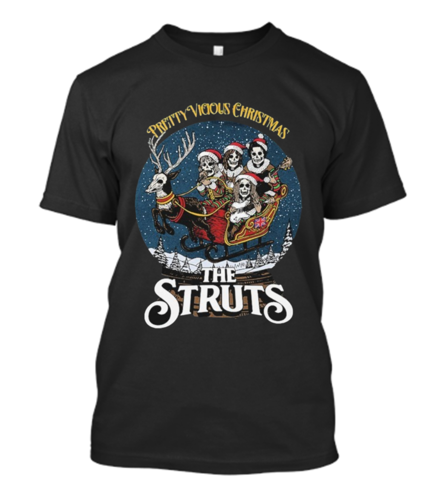 The Struts Pretty Vicious Christmas Reindeer Snow Globe Skeleton Sleigh T-Shirt