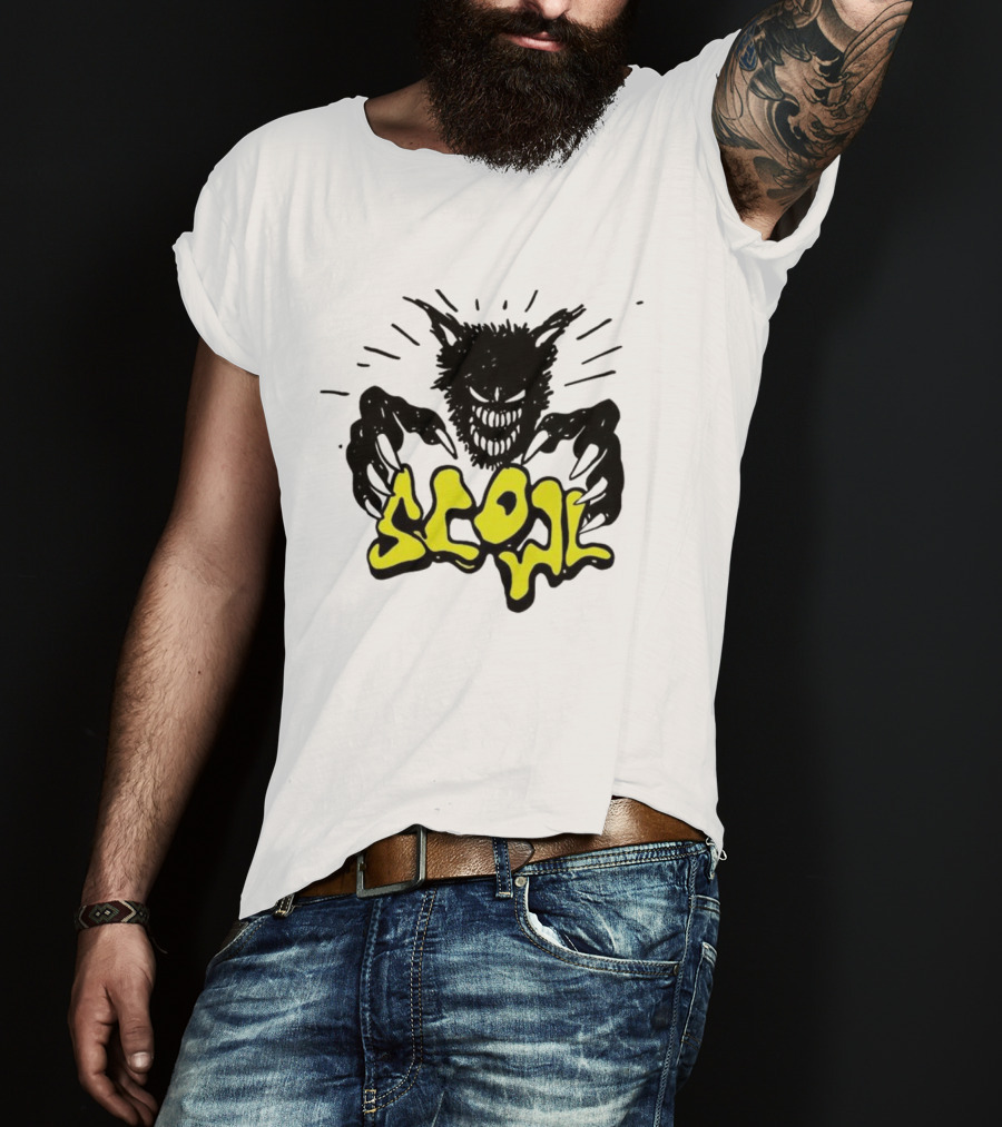 Scowl Scary Cat Yellow Text With Creepy Feline Illustration T-Shirt