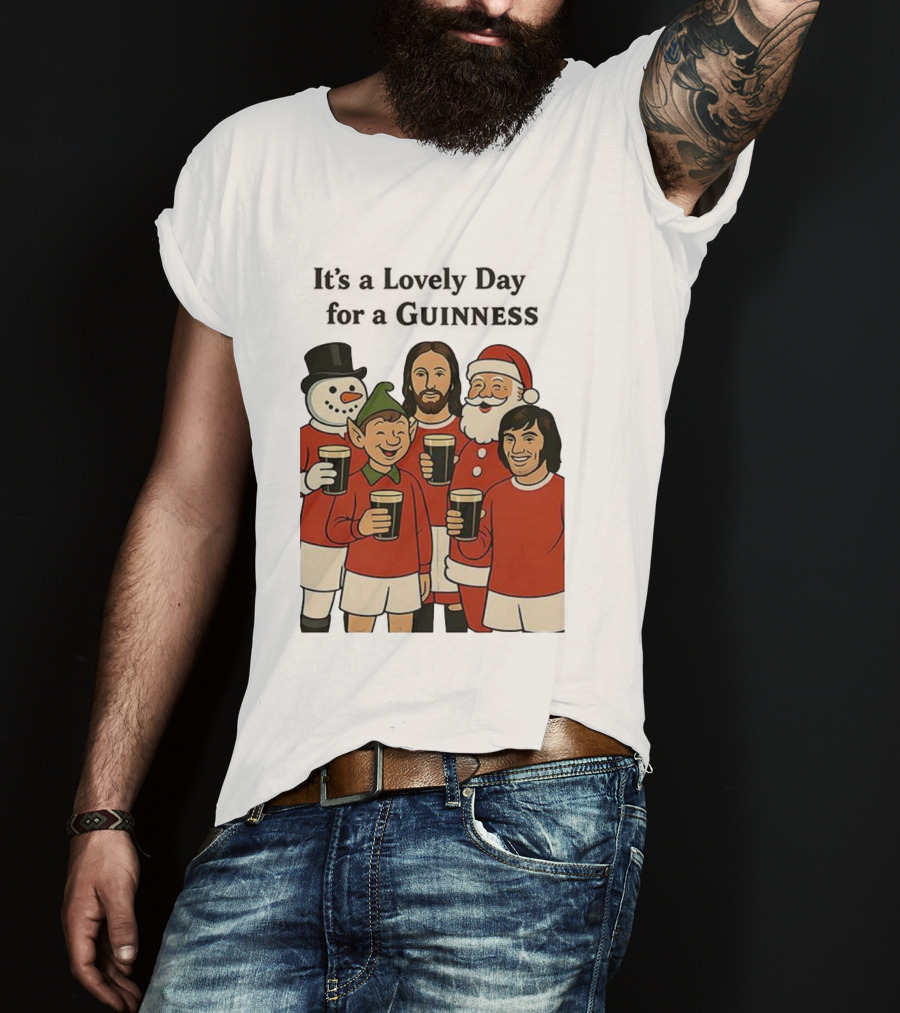 It's A Lovely Day For A Guinness Manchester United Christmas With Festive Characters T-Shirt