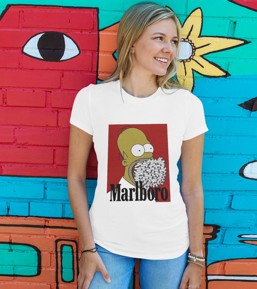 Homer Simpson Cigarette Mouth Marlboro Red Background T-Shirt