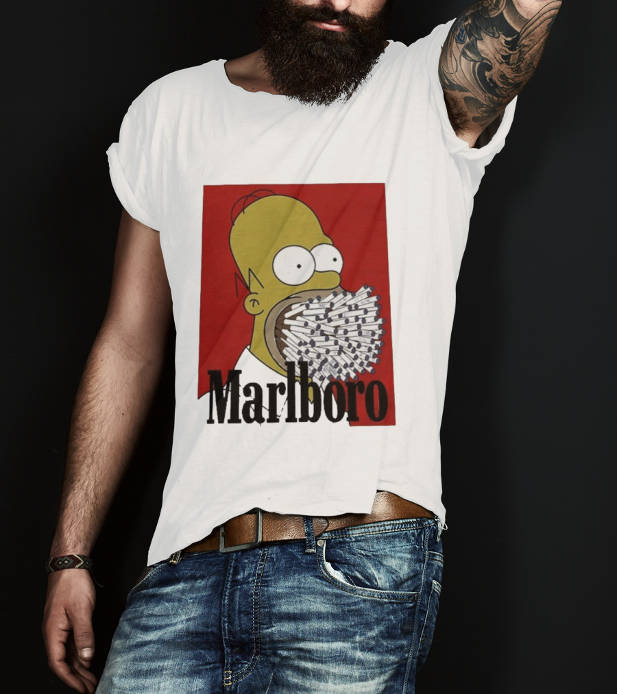 Homer Simpson Cigarette Mouth Marlboro Red Background T-Shirt