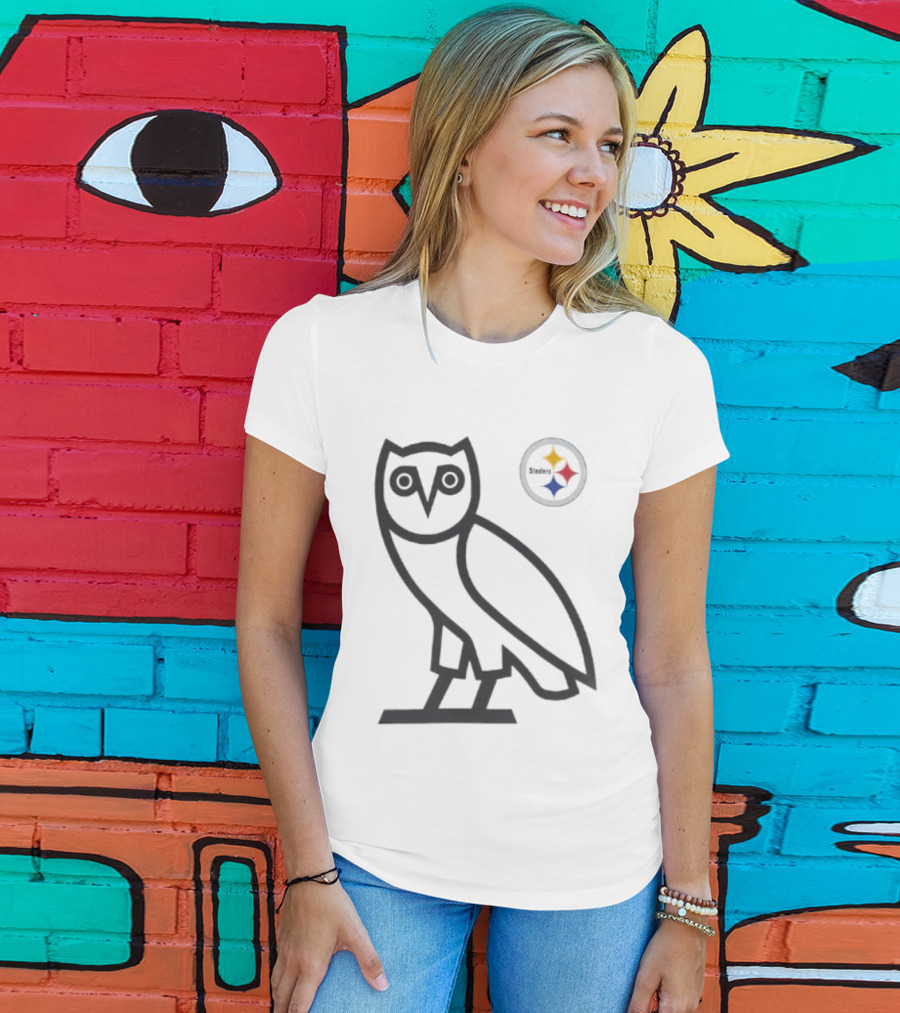 Pittsburgh Steelers OVO NFL Collaboration Owl And Team Symbols T-Shirt