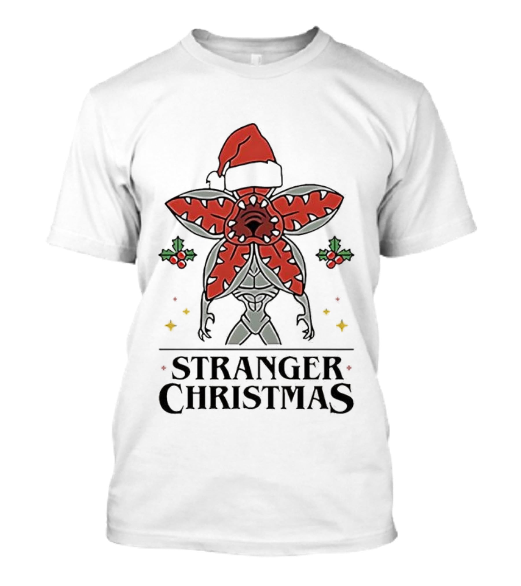 Stranger Christmas Demogorgon Santa Hat Mistletoe Branches Stranger Things T-Shirt