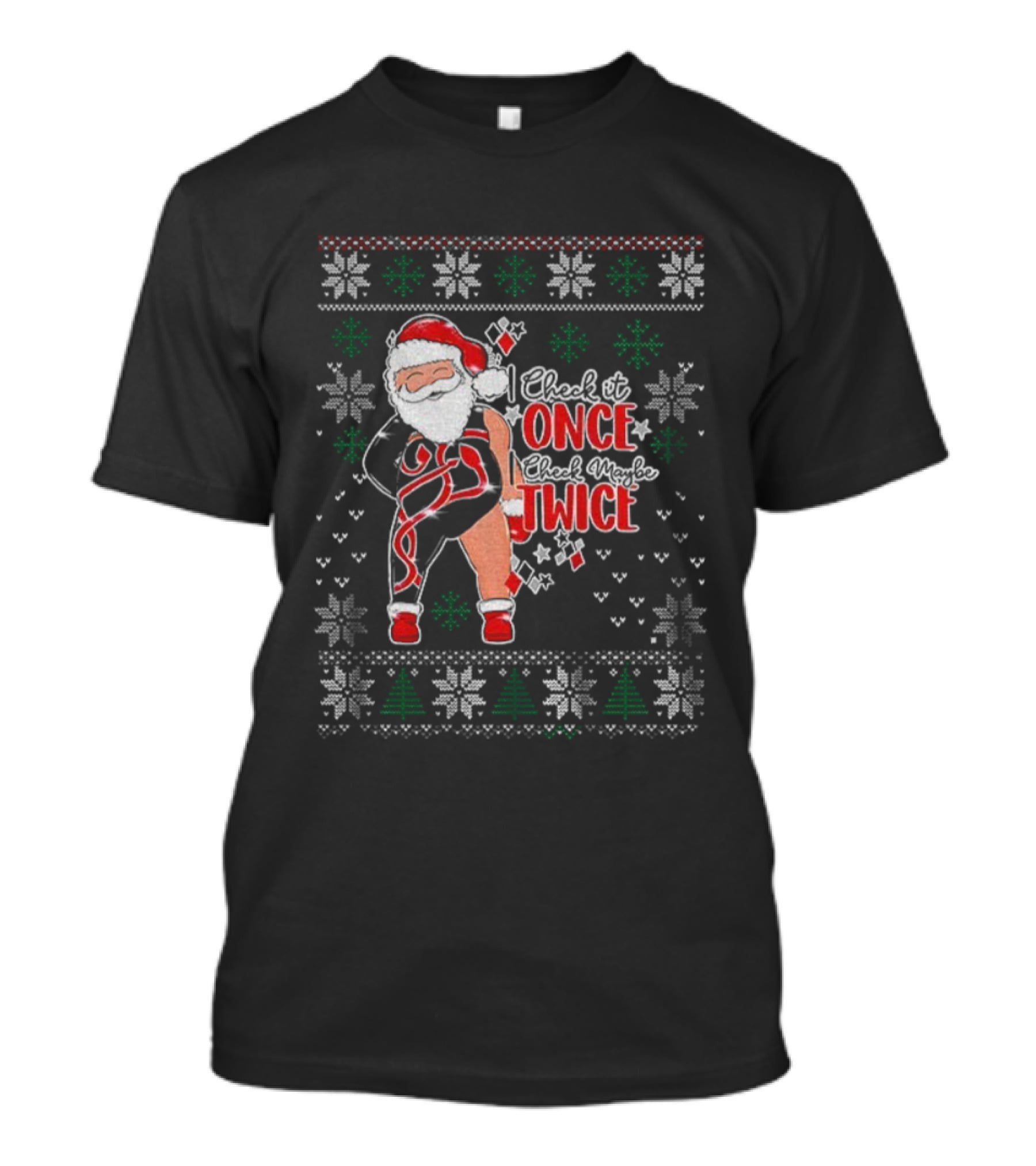 Santa Merry Christmas I Check It Once Twice Snowflakes Trees T-Shirt