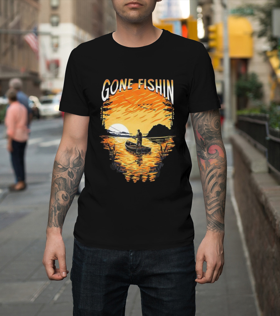 Gone Fishin Sunset Lake Boat Silhouette T-Shirt