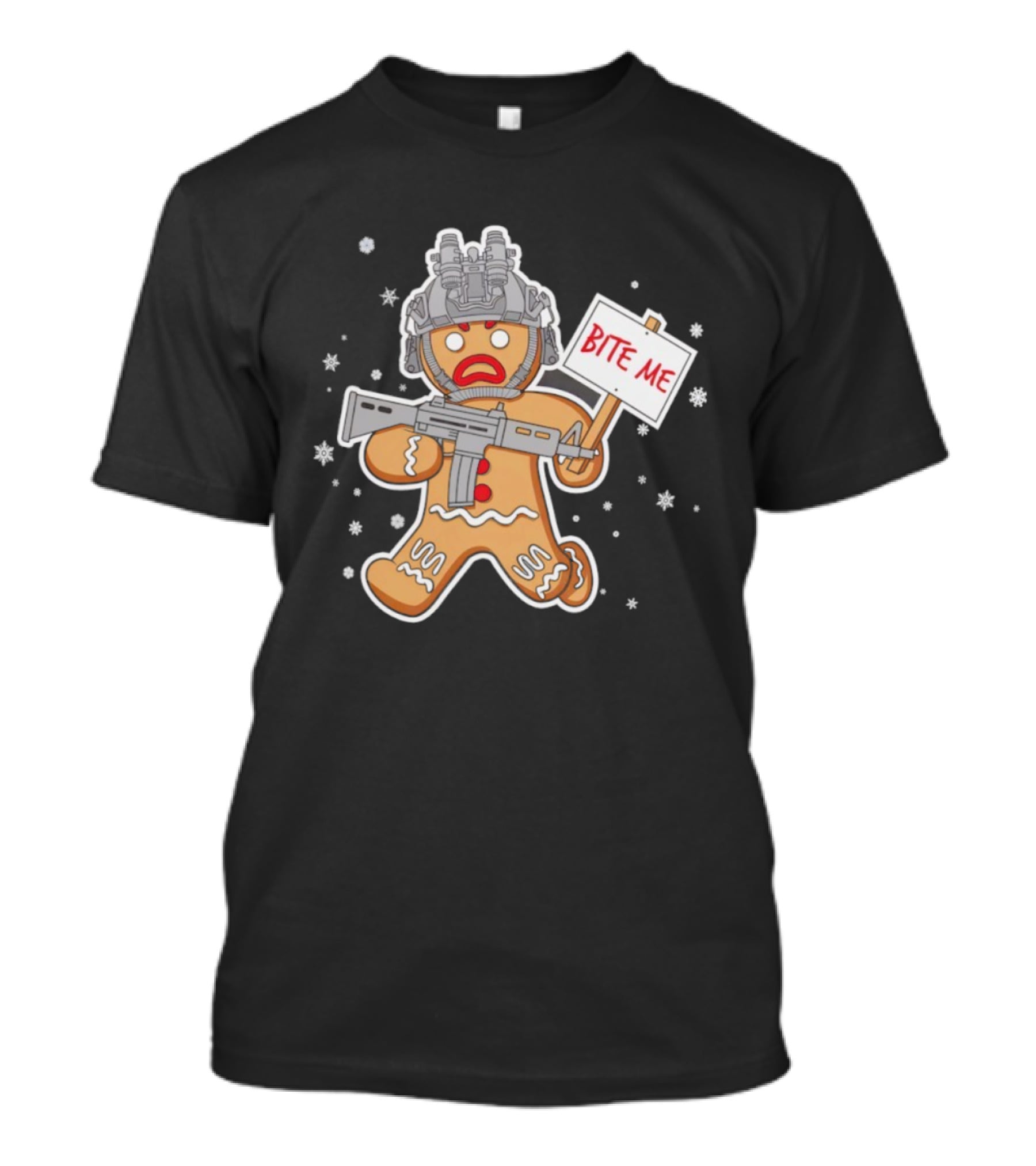 Bite Me Hostile Gingerbread Soldier Holding Sign With Weapon And Helmet T-Shirt