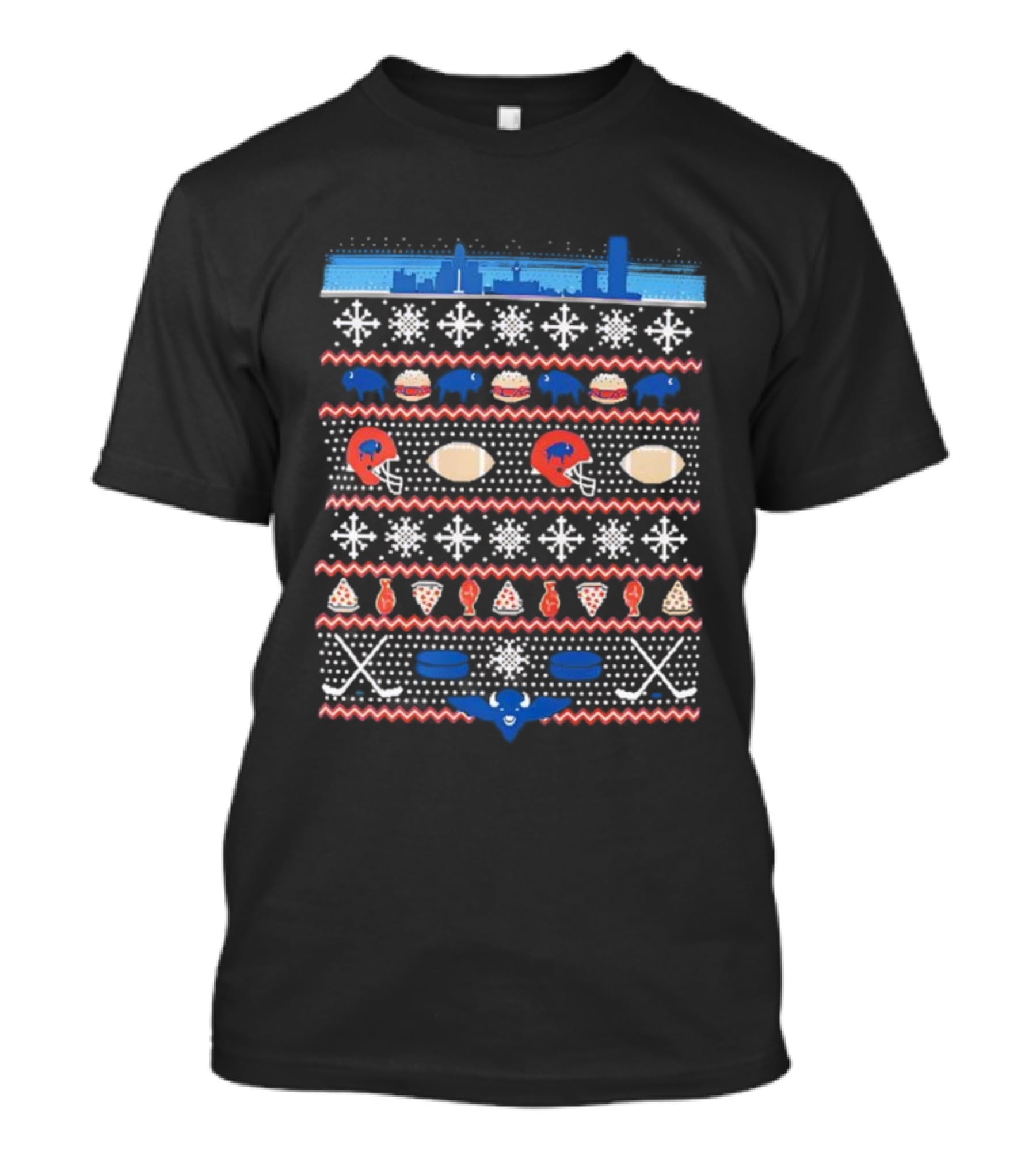 Buffalo Skyline Christmas Helmet Snowflakes Pizza Wings Burgers Football Pattern T-Shirt