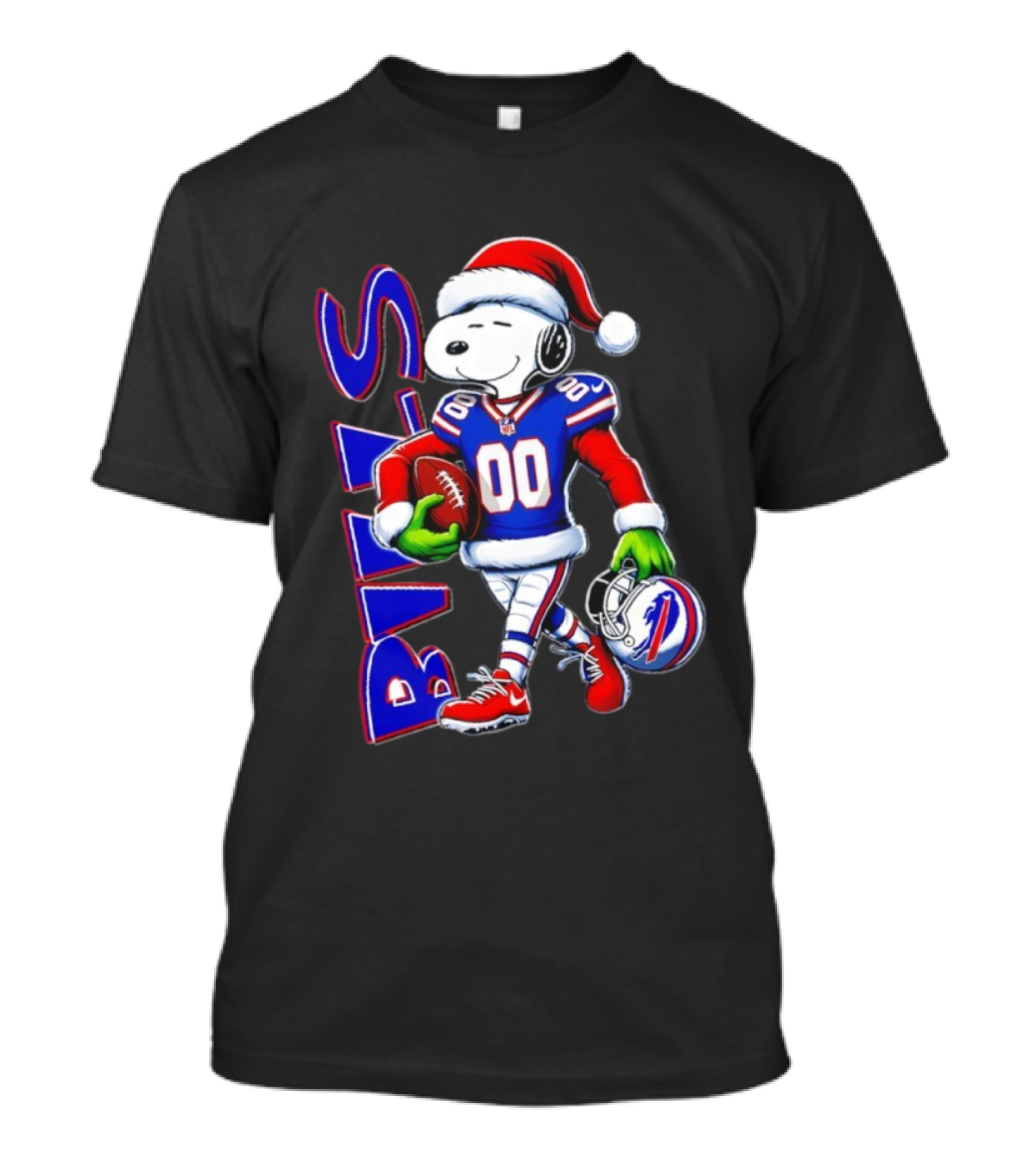 Buffalo Bills Snoopy Christmas NFL Football Player With Santa Hat And Grinch Hands T-Shirt