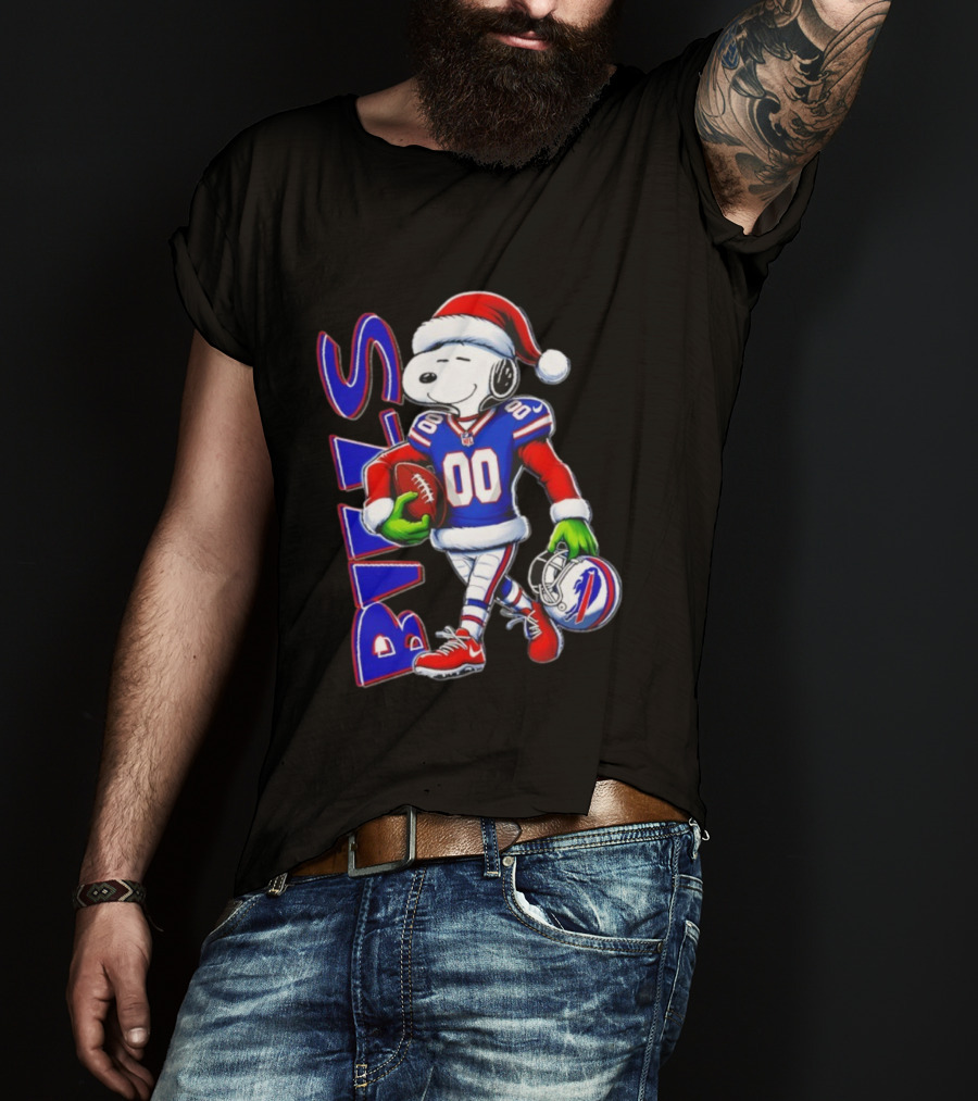 Buffalo Bills Snoopy Christmas NFL Football Player With Santa Hat And Grinch Hands T-Shirt