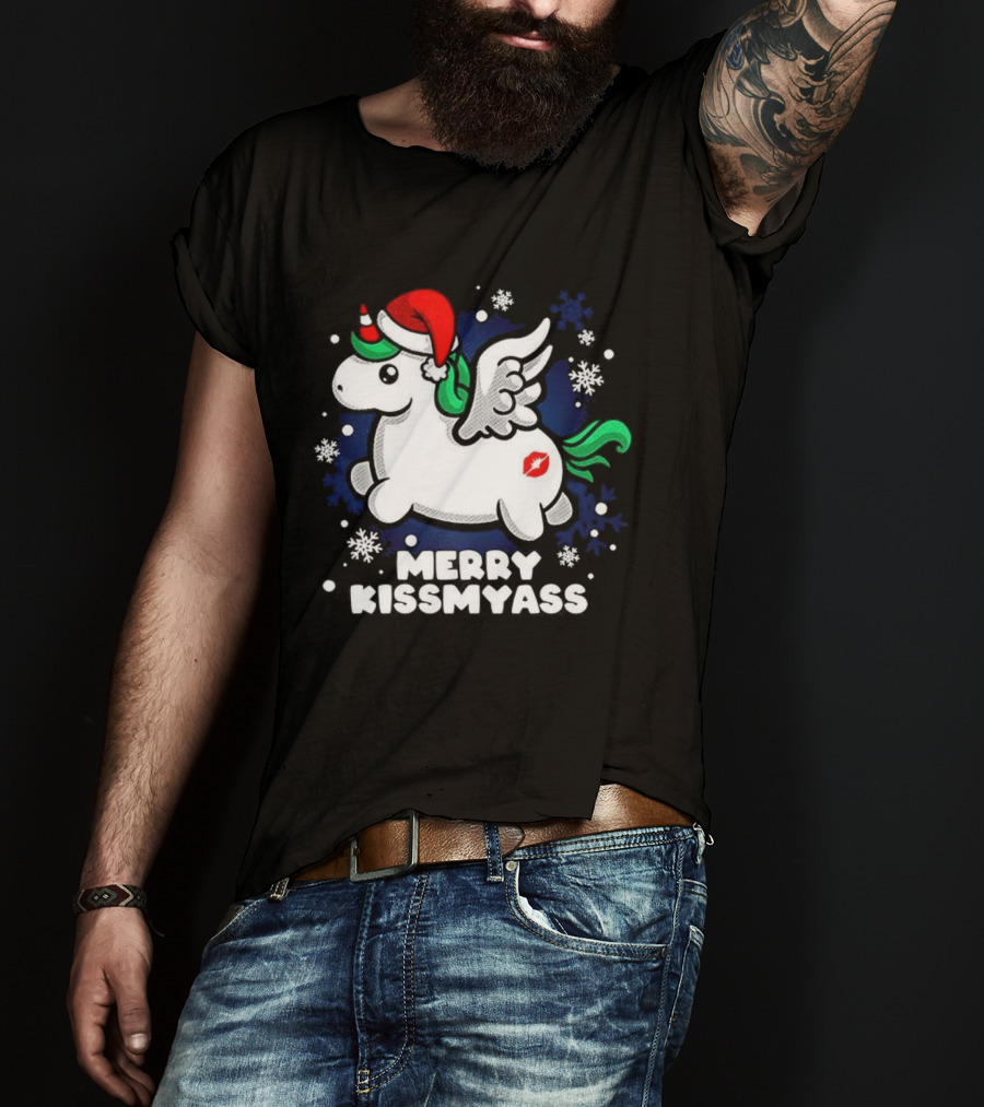 Merry Kissmyass Pegasus Santa Hat Snowflakes T-Shirt