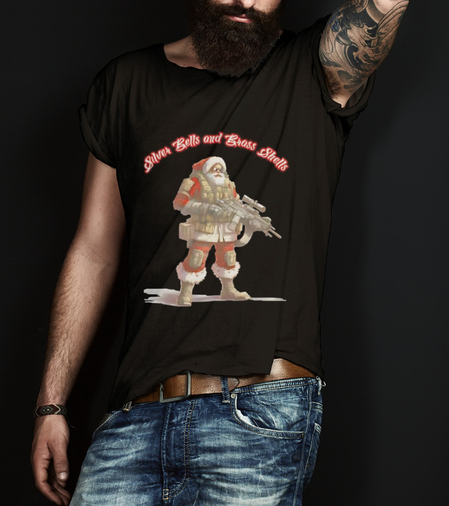 Silver Bells And Brass Shells Armed Santa Christmas T-Shirt