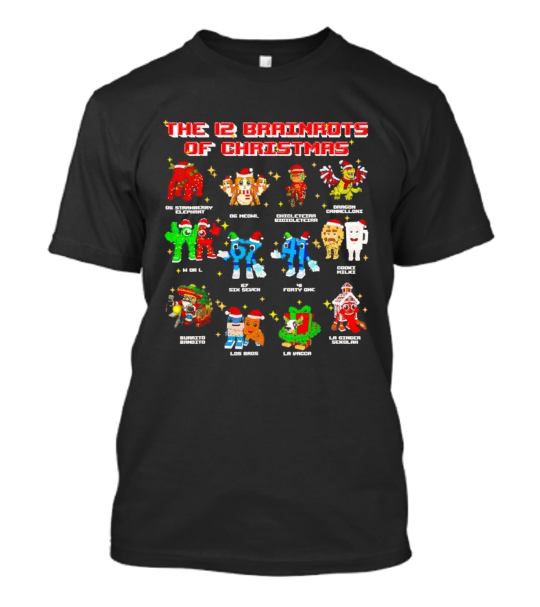 The 12 Brainrots Of Christmas Funny Festive Characters Santa Hats T-Shirt