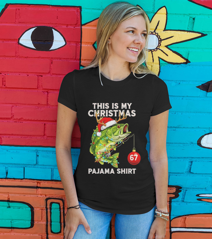 This Is My Christmas Pajama Bass Fish Santa Hat Lights Reindeer Antlers 67 Ornament T-Shirt