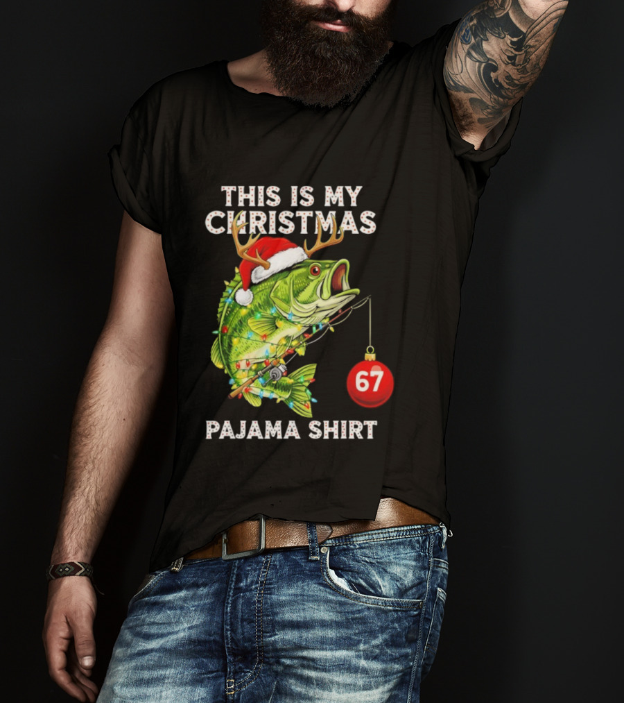 This Is My Christmas Pajama Bass Fish Santa Hat Lights Reindeer Antlers 67 Ornament T-Shirt