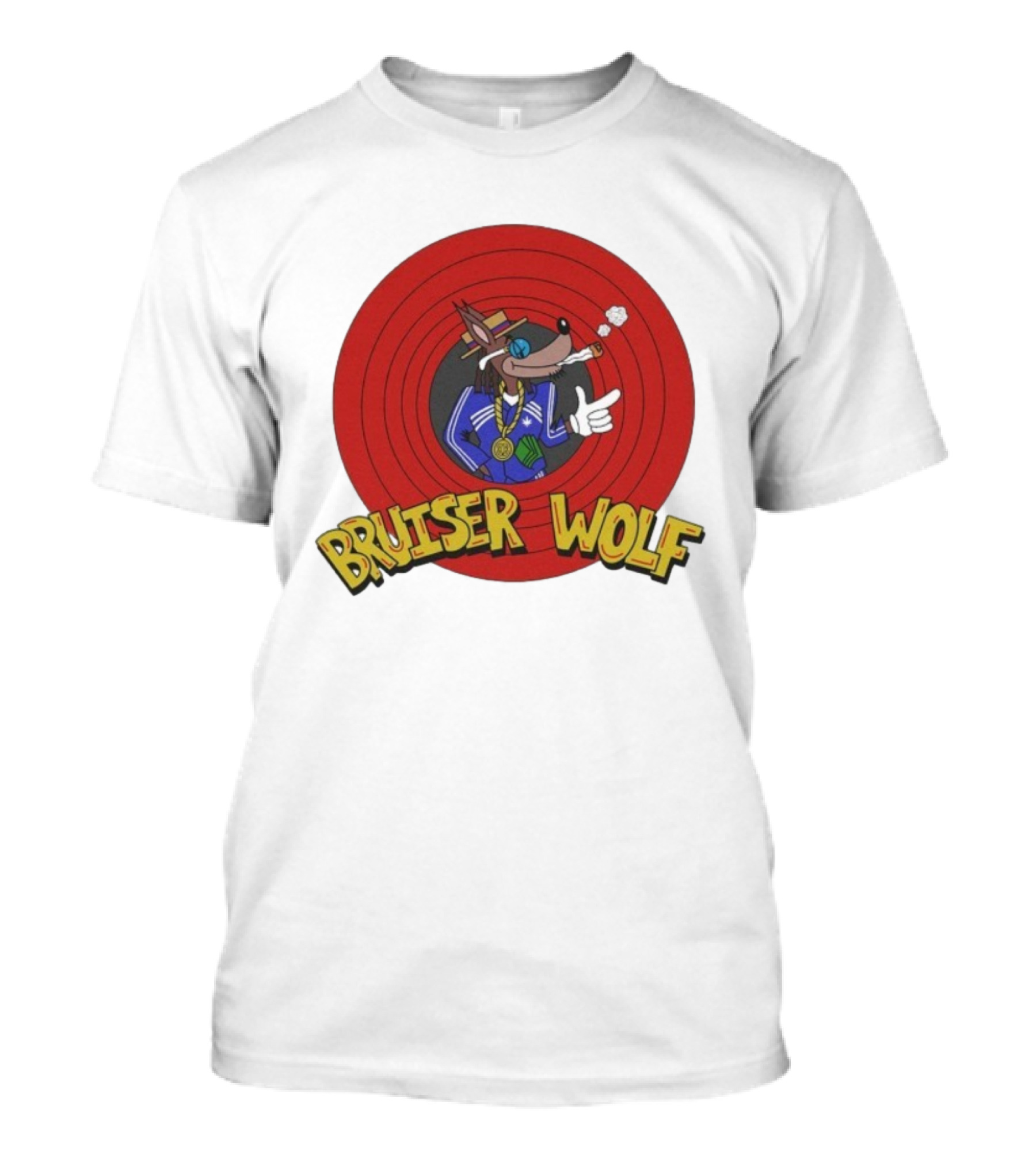 Bruiser Wolf Cartoon Vibes Smoking Character In Circular Red Background T-Shirt