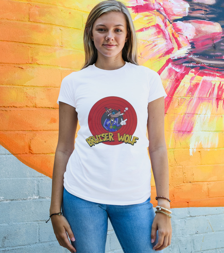 Bruiser Wolf Cartoon Vibes Smoking Character In Circular Red Background T-Shirt