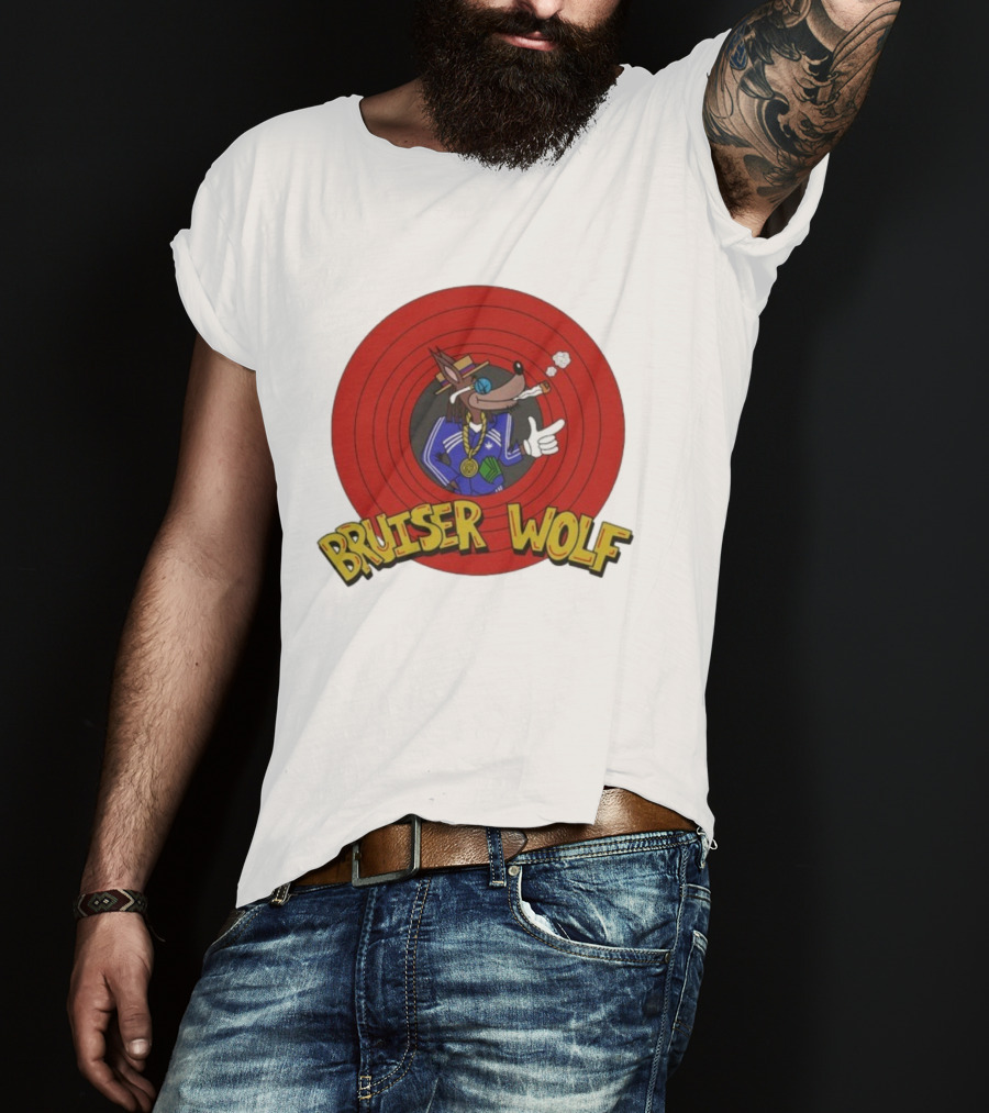 Bruiser Wolf Cartoon Vibes Smoking Character In Circular Red Background T-Shirt