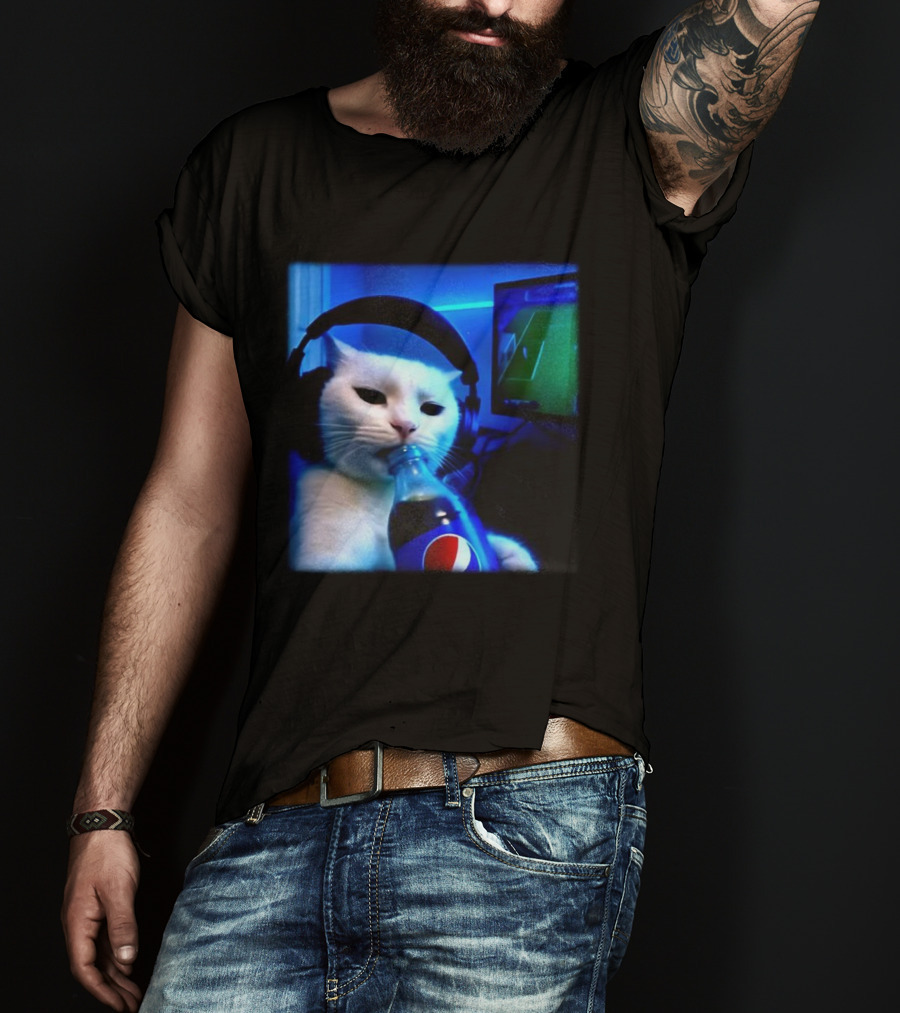 Cat Wearing Headphones Drinking Pepsi Gaming Meme T-Shirt