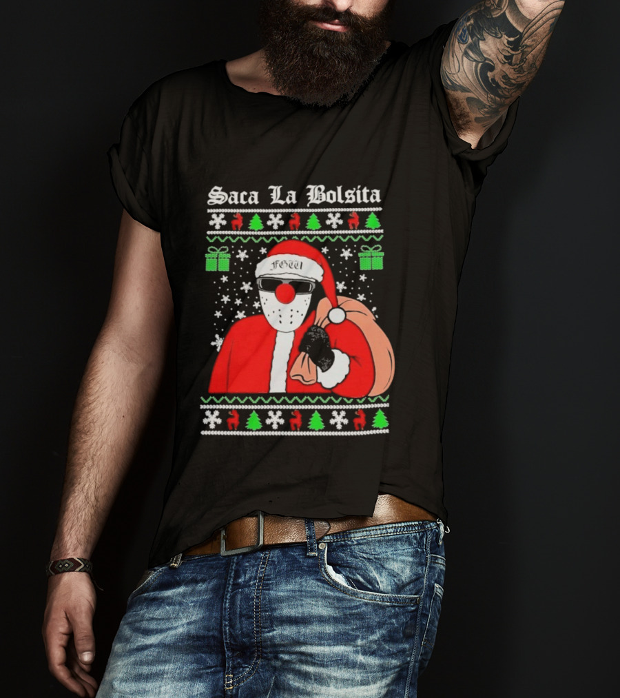 Saca La Bolsita Ugly Xmas Santa With Sunglasses And Bag Snowflakes Christmas Trees T-Shirt