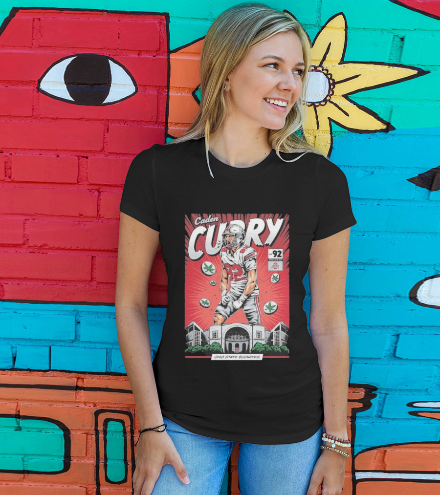 Caden Curry Ohio State Buckeyes #92 Comic Style Football Player Scene T-Shirt
