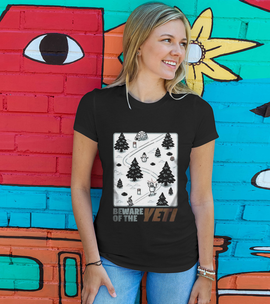 Beware Of The Yeti Funny Cartoon Ski Slope Scene T-Shirt
