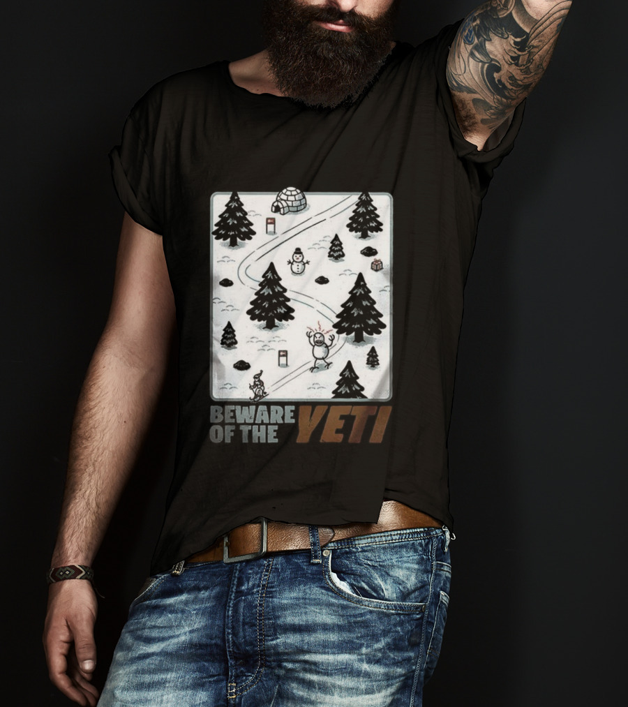 Beware Of The Yeti Funny Cartoon Ski Slope Scene T-Shirt