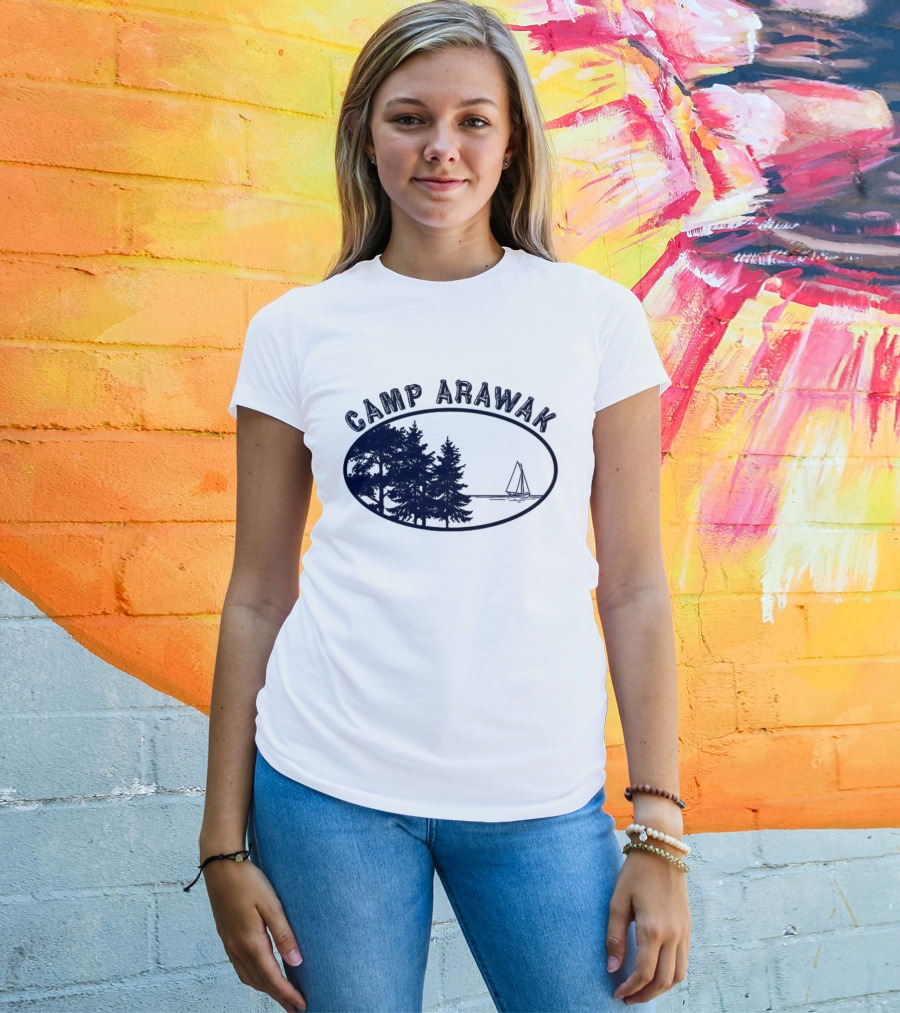 Camp Arawak Trees And Sailboat Scene T-Shirt