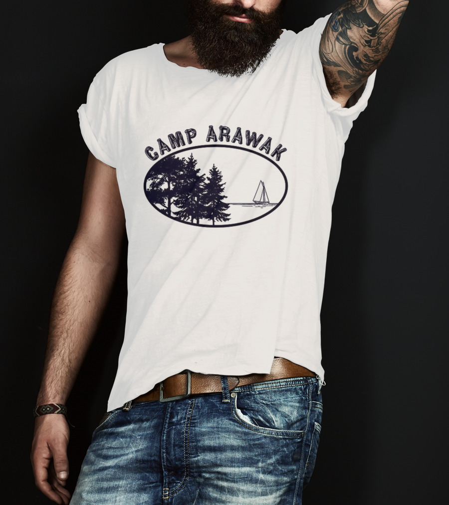 Camp Arawak Trees And Sailboat Scene T-Shirt