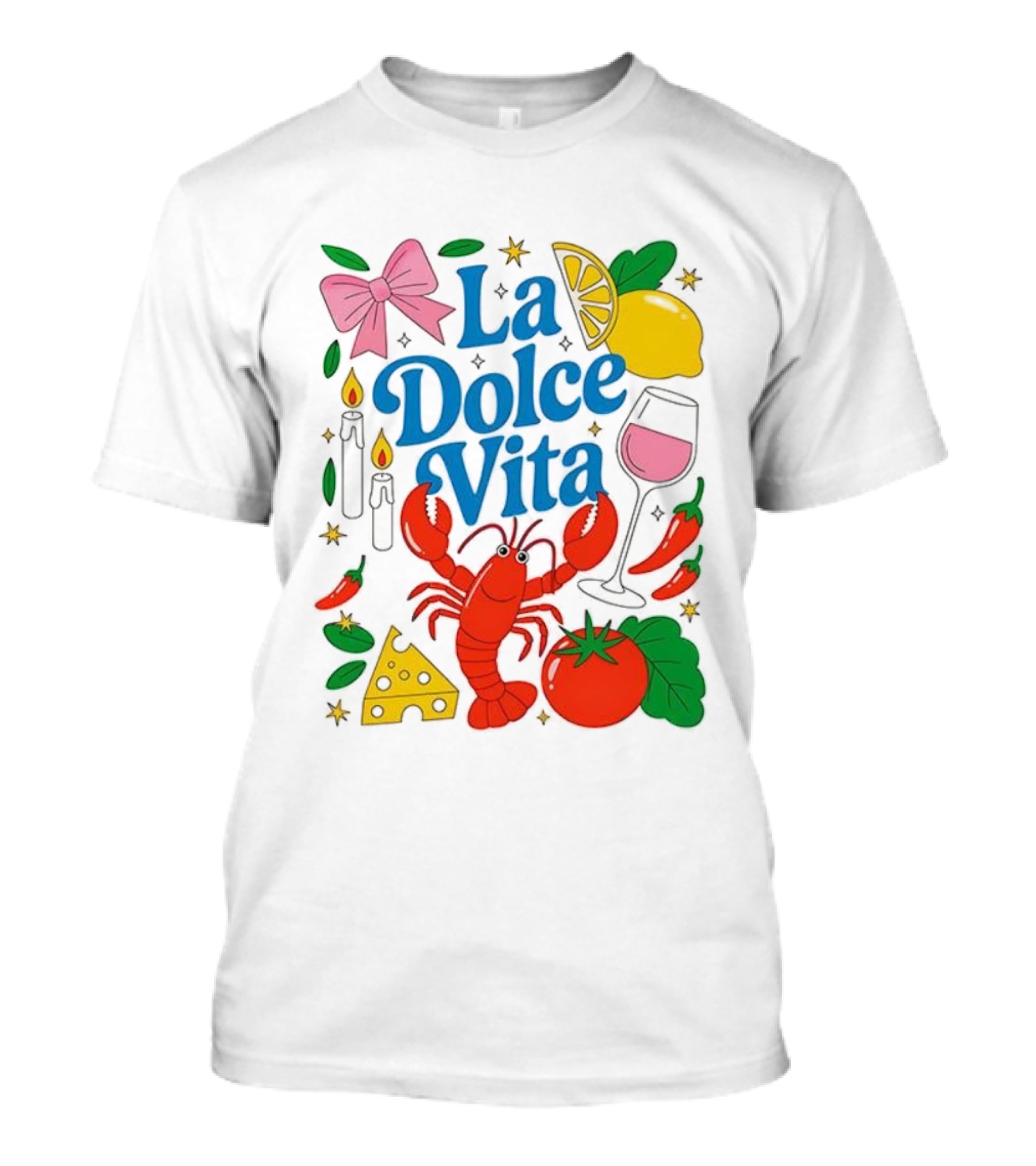 J’aime La Dolce Vita Lobster Lemon Tomato Cheese Bow Candles Wine Peppers T-Shirt