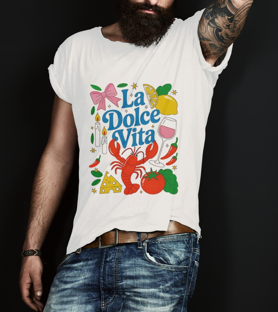 J’aime La Dolce Vita Lobster Lemon Tomato Cheese Bow Candles Wine Peppers T-Shirt