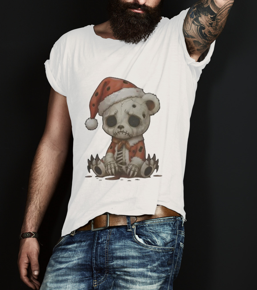 Merry & Boney Christmas Creepy Skeleton Teddy Bear Santa Hat T-Shirt