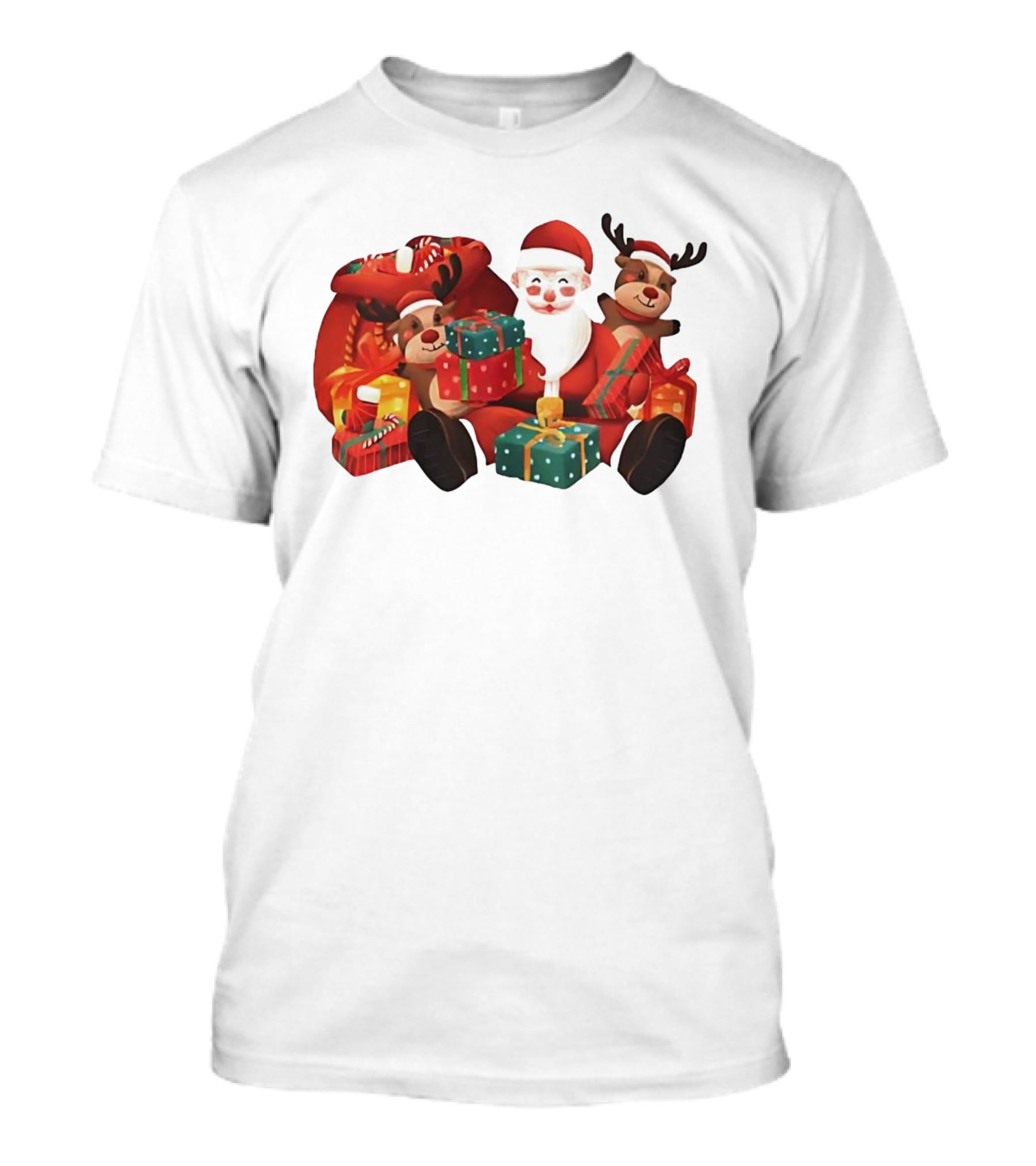 Santa Claus And Reindeer Holding Christmas Gifts With Sack And Ribbon T-Shirt