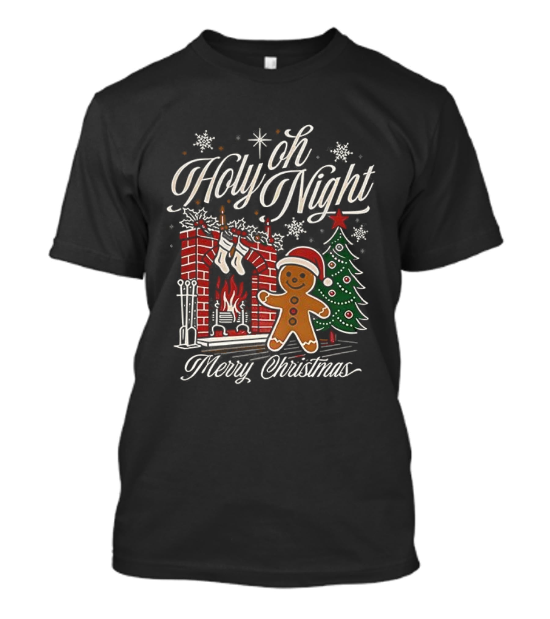 Oh Holy Night Gingerbread Merry Christmas By The Fireplace Tree T-Shirt