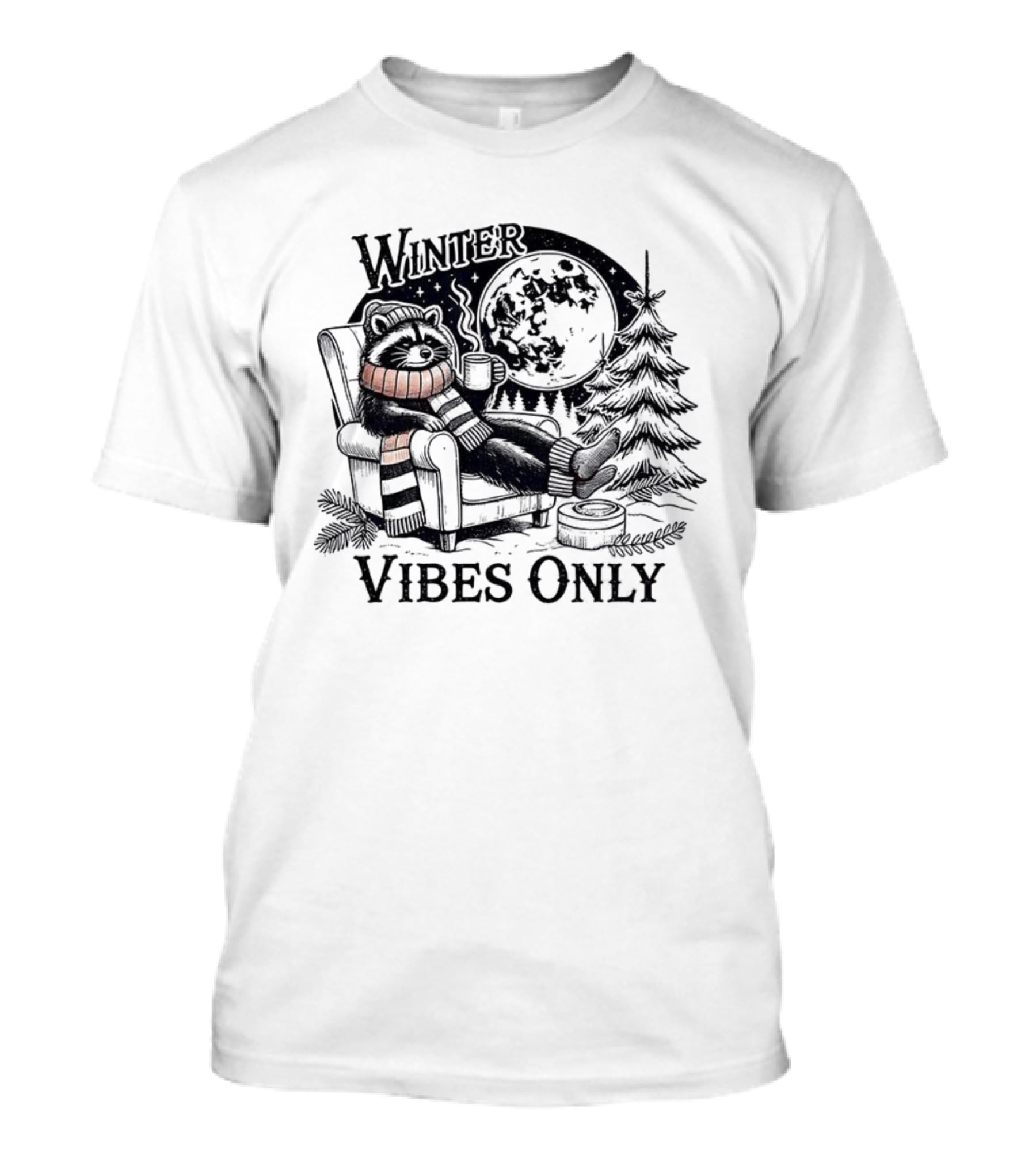 Winter Vibes Only Cute Raccoon By Christmas Tree T-Shirt